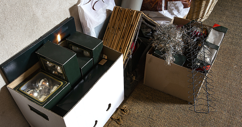 boxes of holiday decor