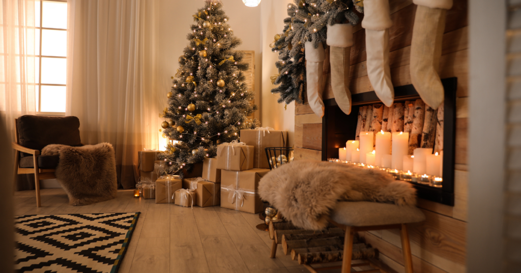 cozy living room decorated for Christmas